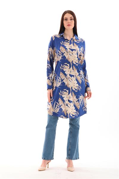 Mavi-bej desenli kadın büyük beden viskon tunık gömlek - Charamela