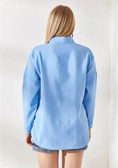 Mavi uzun kollu cupra kırışmaz kumaş kumaş kadın gömlek - Charamela