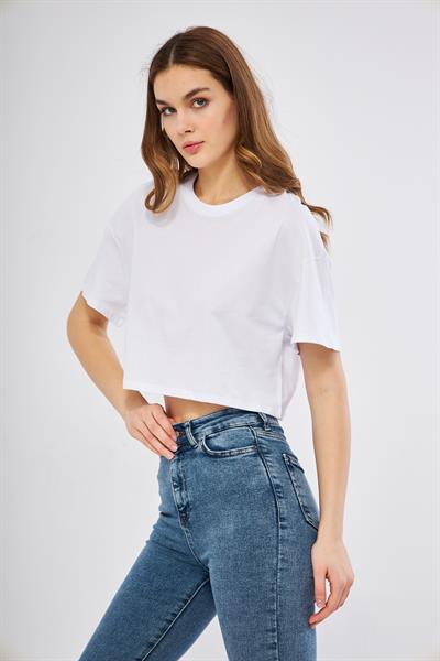 Oversize beyaz crop t-shirt - Charamela