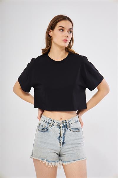 Oversize siyah crop t-shirt - Charamela