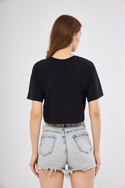 Oversize siyah crop t-shirt - Charamela