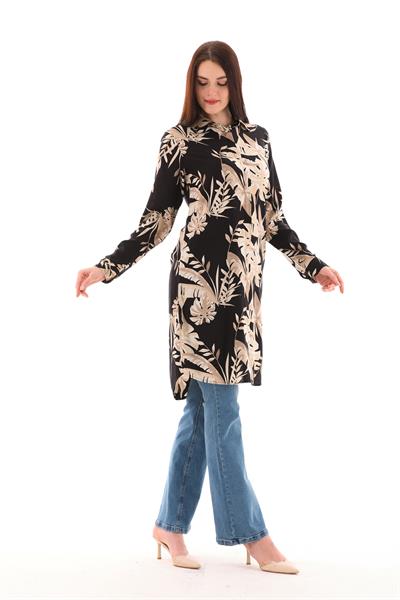 Siyah-bej desenli kadın büyük beden viskon tunik gömlek - Charamela