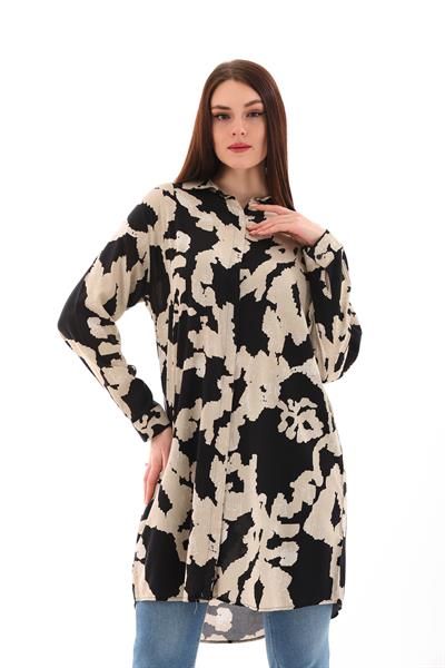 Siyah-bej desenli kadın büyük beden viskon gömlek -bgg24 - Charamela