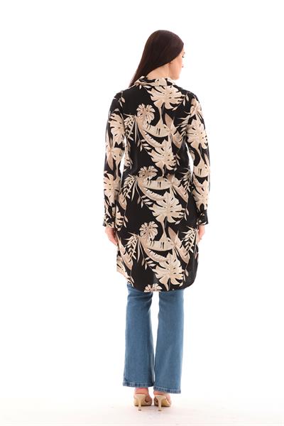 Siyah-bej desenli kadın büyük beden viskon tunik gömlek - Charamela