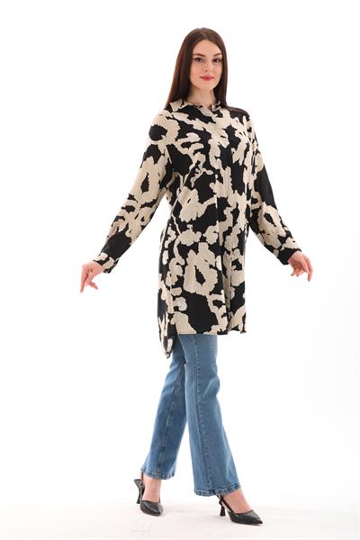 Siyah-bej desenli kadın büyük beden viskon gömlek -bgg24 - Charamela