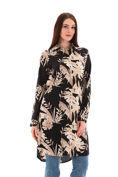 Siyah-bej desenli kadın büyük beden viskon tunik gömlek - Charamela