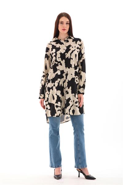 Siyah-bej desenli kadın büyük beden viskon gömlek -bgg24 - Charamela