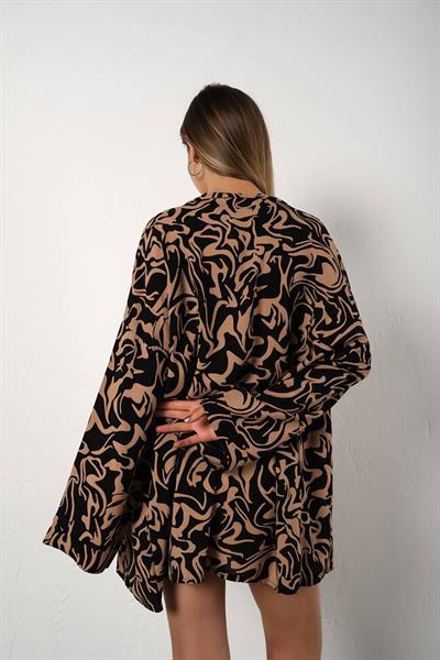 Siyah bej desenli uzun kollu kadın kimono tunik - Charamela