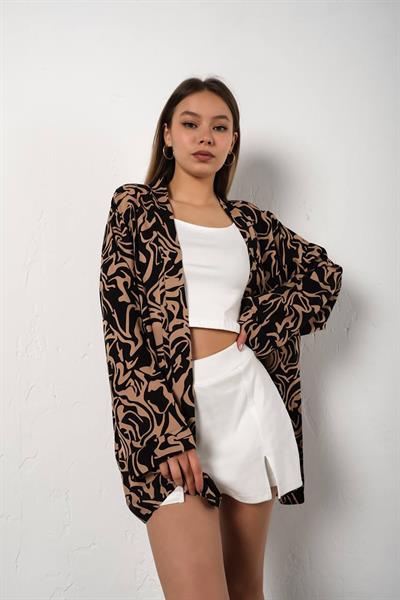 Siyah bej desenli uzun kollu kadın kimono tunik - Charamela