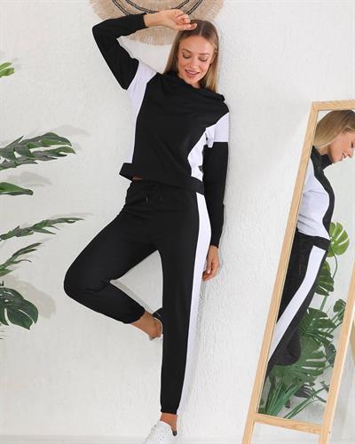 Siyah beyaz colour block iki iplik eşofman seti - Charamela