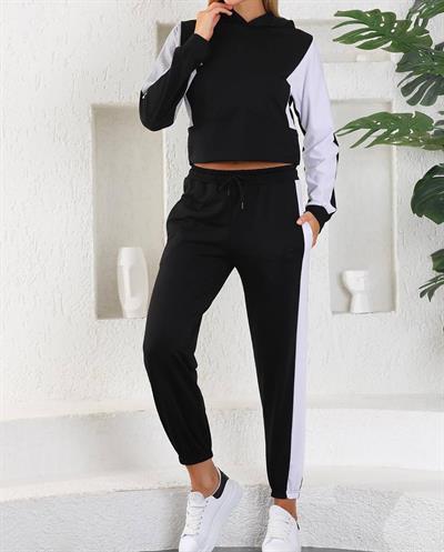 Siyah beyaz colour block iki iplik eşofman seti - Charamela