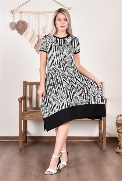 Siyah beyaz desenli kadın asimetrik kesim örme elbise - Charamela