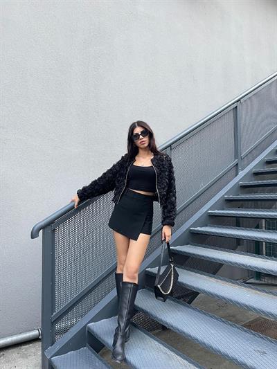 Siyah fermuarlı güllü bomber sweatshirt -bgs25 - Charamela