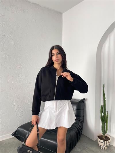 Siyah fermuarlı şardonlu bomber sweatshirt - Charamela