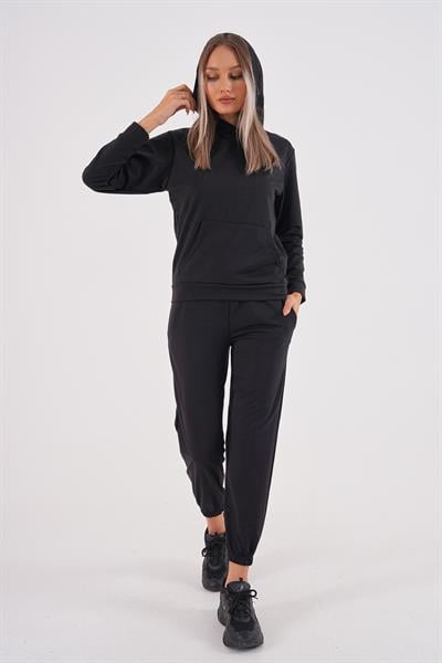 Siyah iki iplik kanguru cepli eşofman seti - Charamela