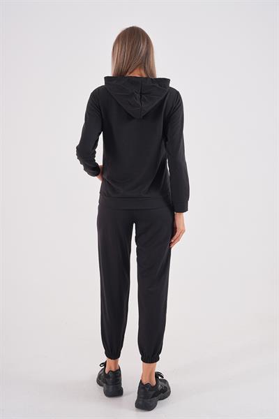 Siyah iki iplik kanguru cepli eşofman seti - Charamela