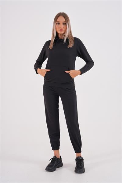 Siyah iki iplik kanguru cepli eşofman seti - Charamela