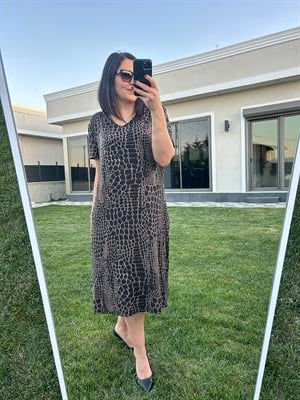 Siyah kahverengi desenli kadın büyük beden örme elbise - Charamela