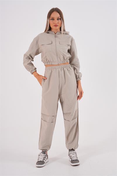 Taş rengi su geçirmez kumaş crop hırkalı fermuarlı dokuma 2li takım set - Charamela
