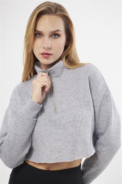 Yarım patlı dikiş detaylı grimelanj crop sweatshirt s - Charamela