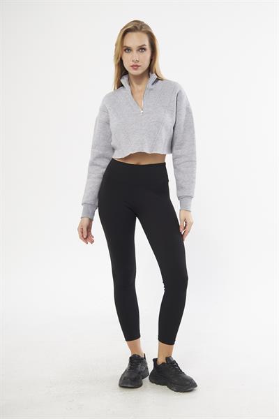 Yarım patlı dikiş detaylı grimelanj crop sweatshirt s - Charamela