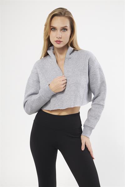 Yarım patlı dikiş detaylı grimelanj crop sweatshirt s - Charamela