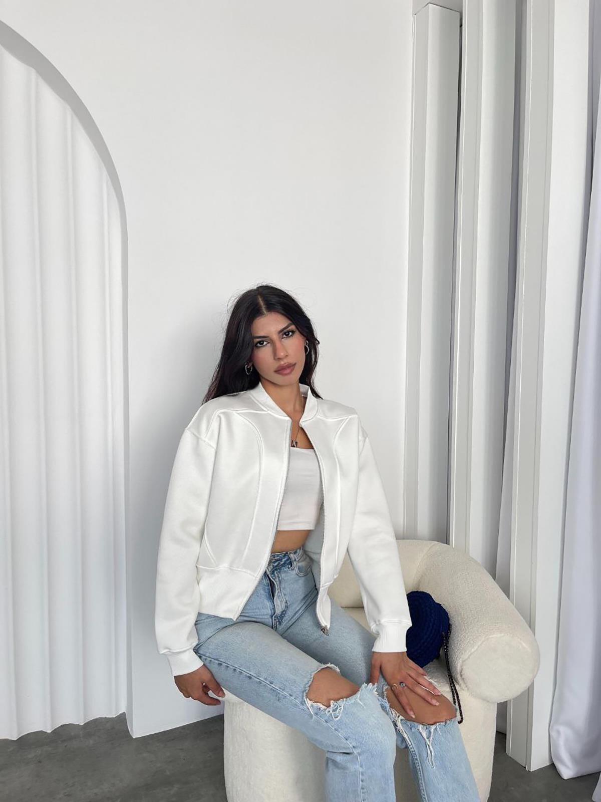 Beyaz fermuarlı şardonlu Bomber Sweatshirt - BGS24