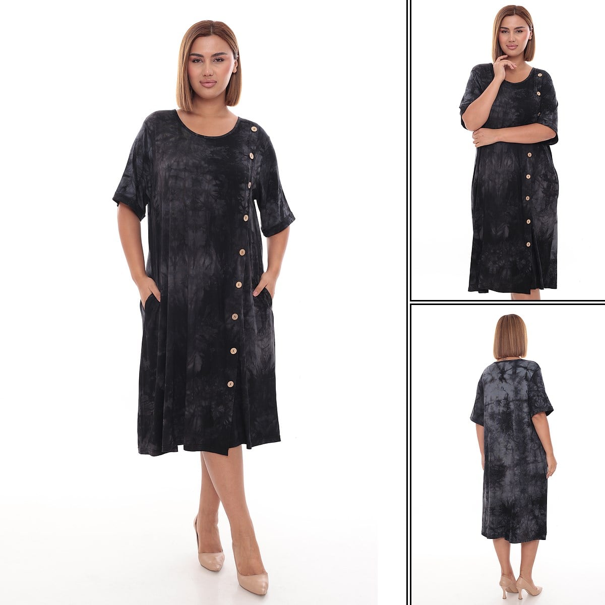 Büyük Beden Esnek  Viskon Penye  Batik Desenli Desenli   Elbise -BGE196