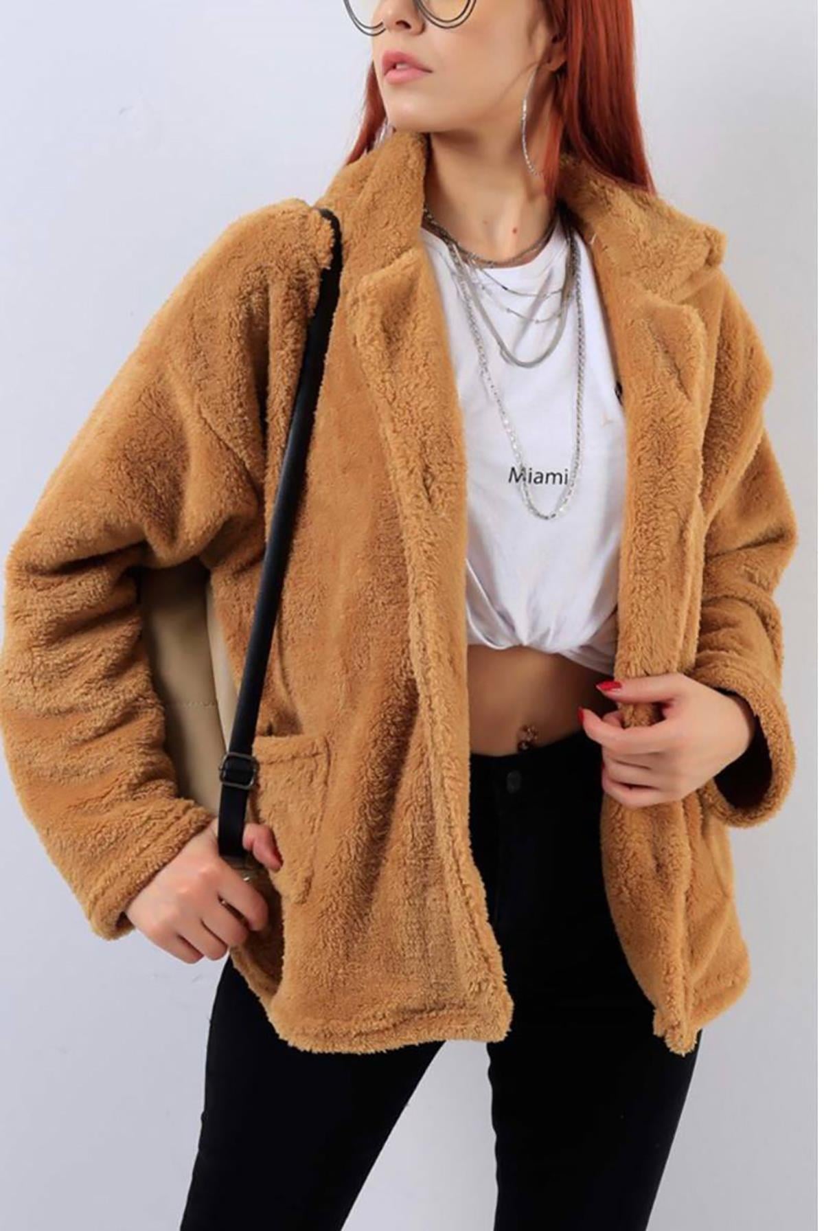 Camel Peluş Düğmeli Hırka - BGC02