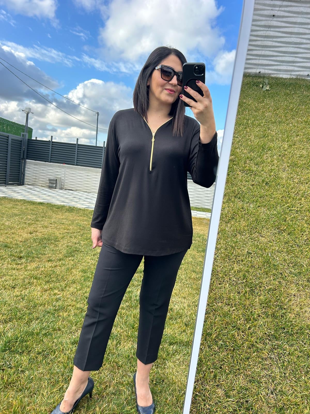 Kadın Büyük Beden Triko Görünümlü Örme Fermuar Detaylı Bluz-BGB99