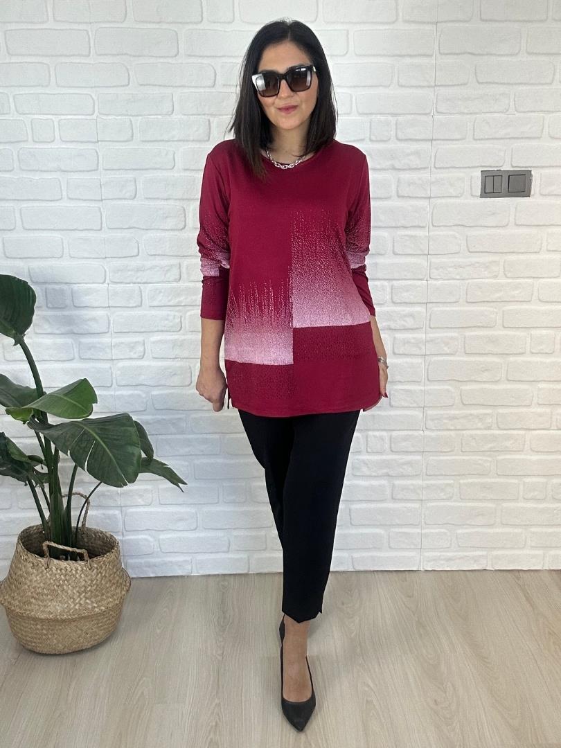 Kadın uzun kollu baskılı büyük beden kırmızı beyaz bluz-bgb142 - Charamela
