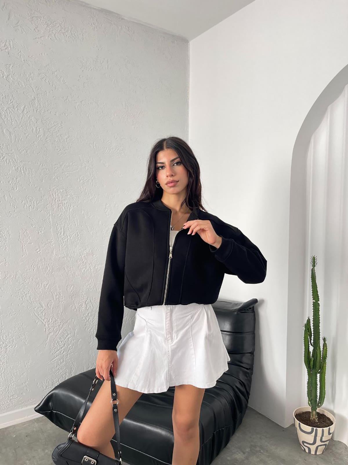 Siyah fermuarlı şardonlu Bomber Sweatshirt - BGS23