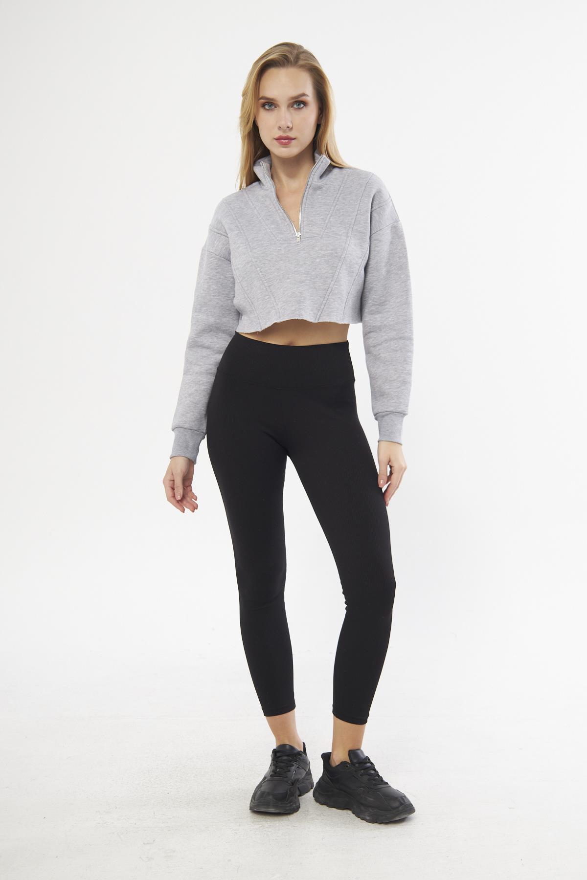 Yarım Patlı Dikiş Detaylı Grimelanj Crop Sweatshirt