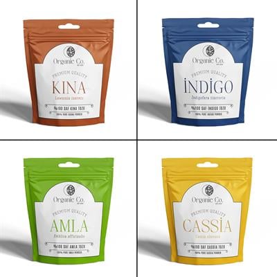 Organic Co  Doğal ve Kimyasalsız Saç Boyama Seti Saf Kına, İndigo, Cassia ve Amla Bitki Tozları 