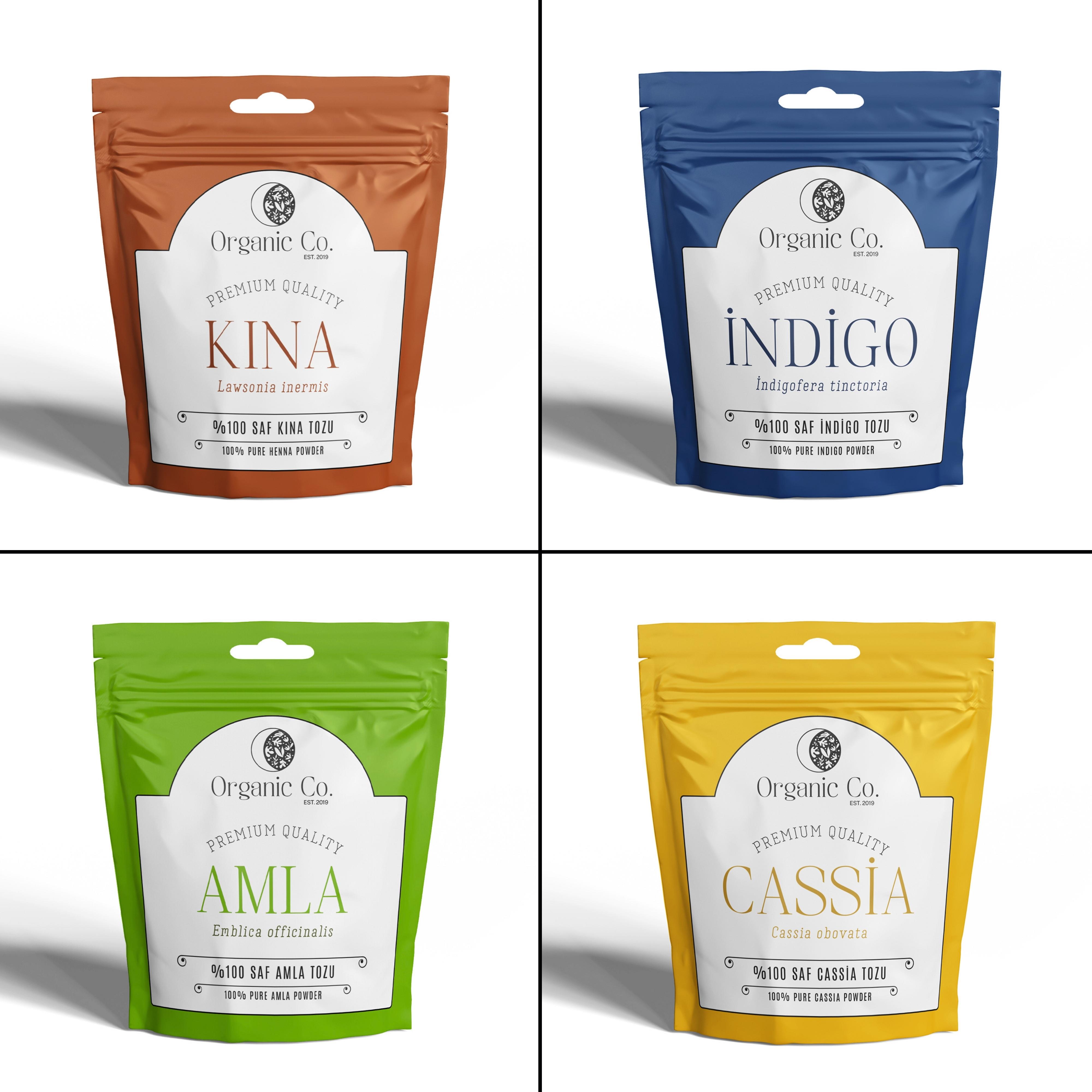 Organic Co  Doğal ve Kimyasalsız Saç Boyama Seti Saf Kına, İndigo, Cassia ve Amla Bitki Tozları 