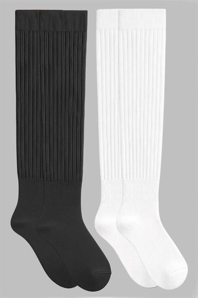 2 Çift Kalın Fitilli Pamuk Karışımlı Diz Üstü Çorap