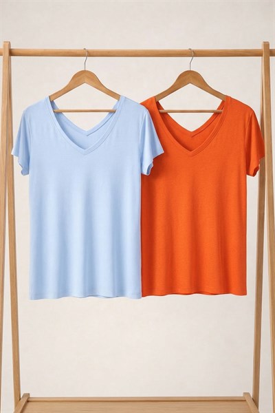 2 Adet Ön ve Arka V Yaka Basic Tişört