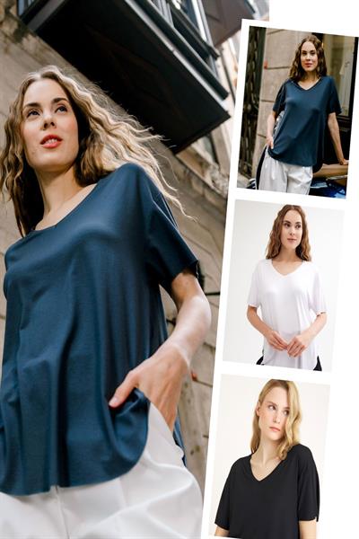 3 Adet V Yaka Basic Viskon Karışımlı Yırtmaç Detaylı Tişört