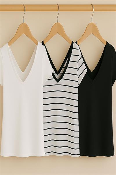 3 Adet Ön ve Arka V Yaka Basic Viskon Karışımlı Tişört