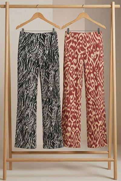 2 Adet Rahat Kalıp Yüksek Bel Bol Paça Viskon Karışım Kadın Pantolon