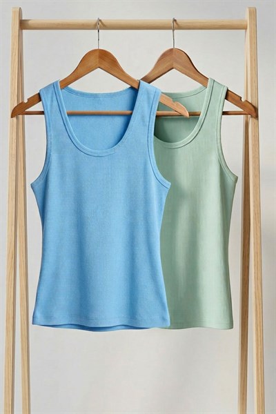 2 Adet Fitilli Fitted Viskon Karışımlı Askılı Tişört