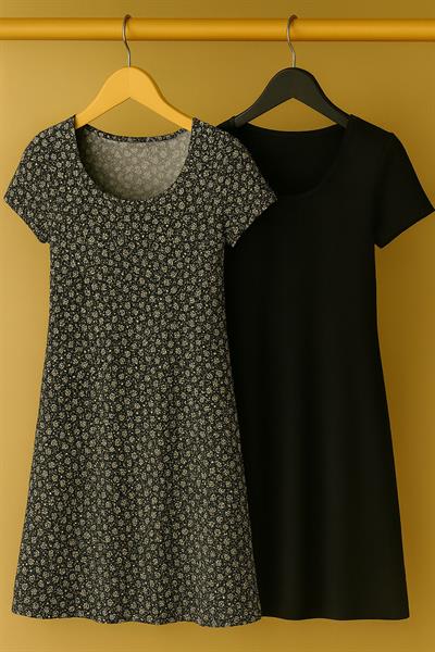 2 Adet Dökümlü Rahat Kalıp Günlük Penye Kumaş Elbise