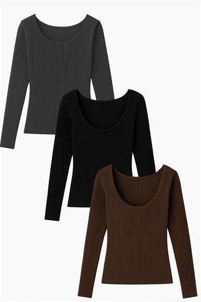 3 Adet Uzun Kollu Kayık Yaka Ribanalı Bluz
