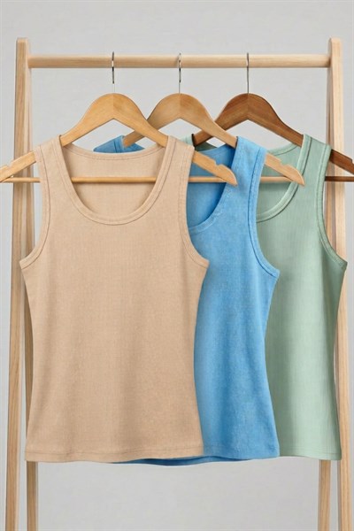 3 Adet Fitilli Fitted Viskon Karışımlı Askılı Tişört