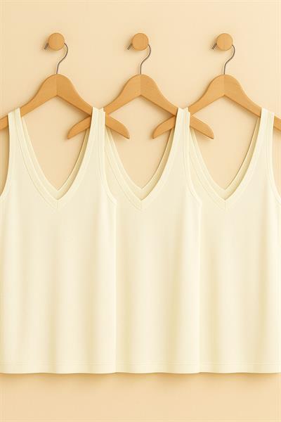 3 Adet A Kesim Ön ve Arka V Yaka Kalın Askılı Pamuklu Basic Atlet Tişört