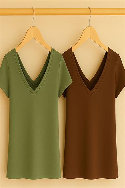 2 Adet Ön ve Arka V Yaka Basic Tişört