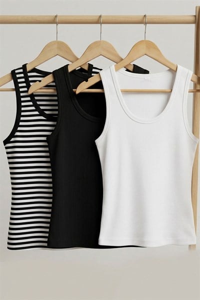 3 Adet Fitilli Fitted Viskon Karışımlı Askılı Tişört