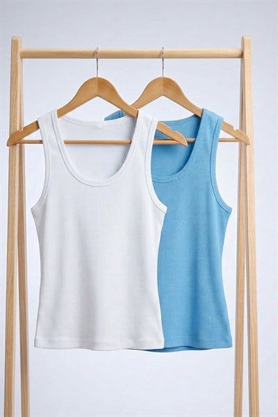 2 Adet Fitilli Fitted Viskon Karışımlı Askılı Tişört