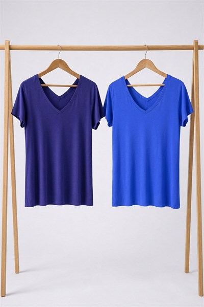 2 Adet Ön ve Arka V Yaka Basic Tişört