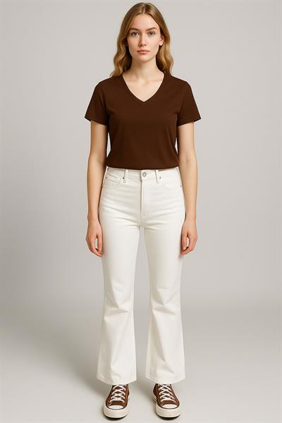 Ön ve Arka V Yaka Basic Viskon Karışımlı Tişört